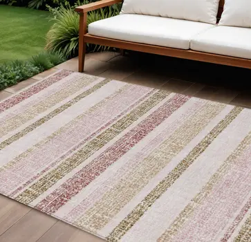 9' X 12' Pink And Beige Striped Washable Indoor Outdoor Area Rug