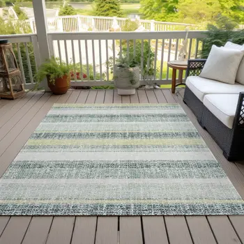 3' X 5' Pale Aqua And Lime Green Striped Washable Indoor Outdoor Area Rug