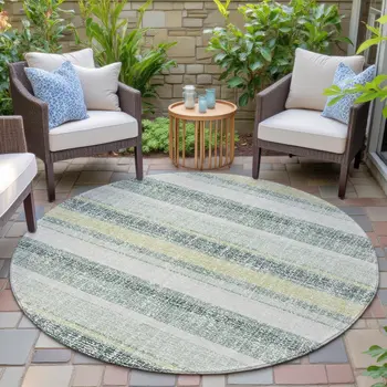 8' Pale Aqua And Lime Green Round Striped Washable Indoor Outdoor Area Rug