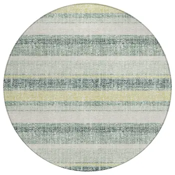 8' Pale Aqua And Lime Green Round Striped Washable Indoor Outdoor Area Rug