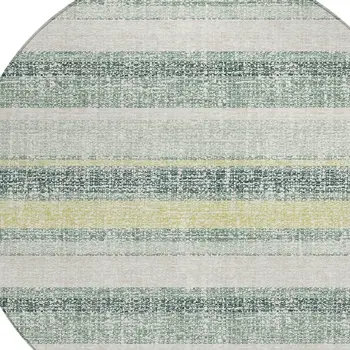 8' Pale Aqua And Lime Green Round Striped Washable Indoor Outdoor Area Rug