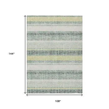 9' X 12' Pale Aqua And Lime Green Striped Washable Indoor Outdoor Area Rug