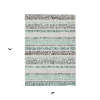 3' X 5' Teal Blue And Gray Striped Washable Indoor Outdoor Area Rug
