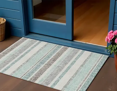 3' X 5' Teal Blue And Gray Striped Washable Indoor Outdoor Area Rug