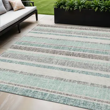 5' X 8' Teal Blue And Gray Striped Washable Indoor Outdoor Area Rug