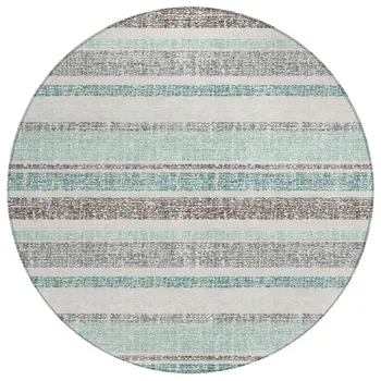 8' Teal Blue And Gray Round Striped Washable Indoor Outdoor Area Rug