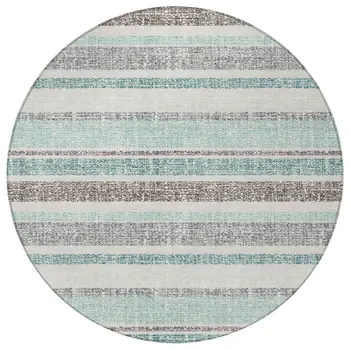 8' Teal Blue And Gray Round Striped Washable Indoor Outdoor Area Rug