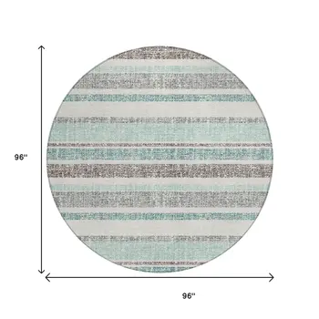 8' Teal Blue And Gray Round Striped Washable Indoor Outdoor Area Rug