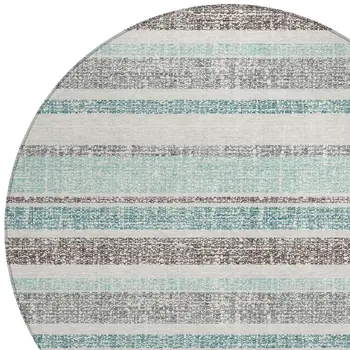 8' Teal Blue And Gray Round Striped Washable Indoor Outdoor Area Rug