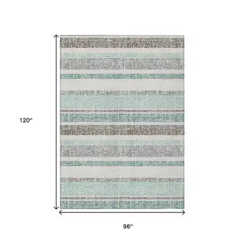 8' X 10' Teal Blue And Gray Striped Washable Indoor Outdoor Area Rug