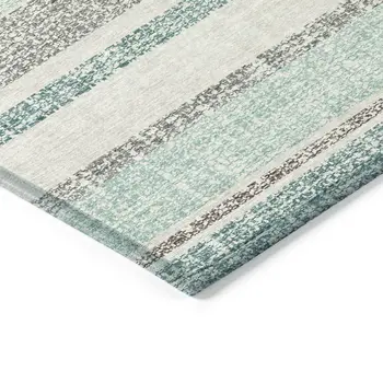 8' X 10' Teal Blue And Gray Striped Washable Indoor Outdoor Area Rug