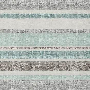 9' X 12' Teal Blue And Gray Striped Washable Indoor Outdoor Area Rug