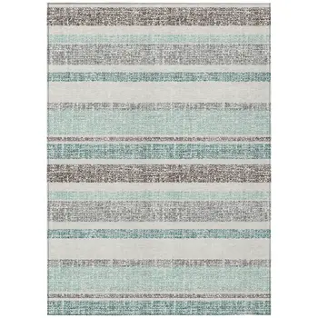 9' X 12' Teal Blue And Gray Striped Washable Indoor Outdoor Area Rug