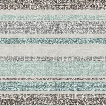 9' X 12' Teal Blue And Gray Striped Washable Indoor Outdoor Area Rug