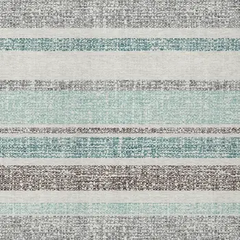 9' X 12' Teal Blue And Gray Striped Washable Indoor Outdoor Area Rug