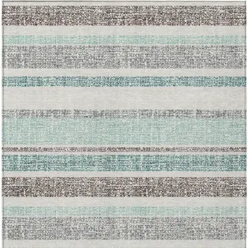 9' X 12' Teal Blue And Gray Striped Washable Indoor Outdoor Area Rug
