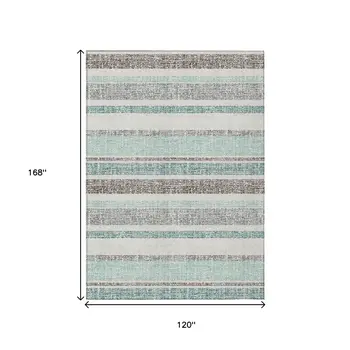 10' X 14' Teal Blue And Gray Striped Washable Indoor Outdoor Area Rug