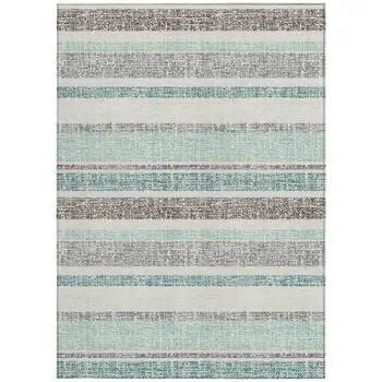10' X 14' Teal Blue And Gray Striped Washable Indoor Outdoor Area Rug