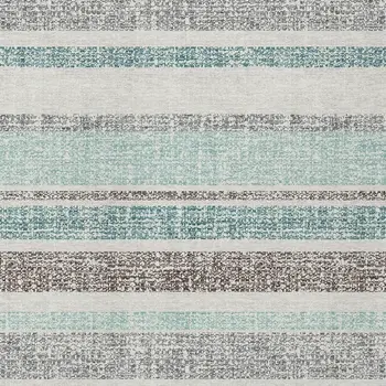 10' X 14' Teal Blue And Gray Striped Washable Indoor Outdoor Area Rug