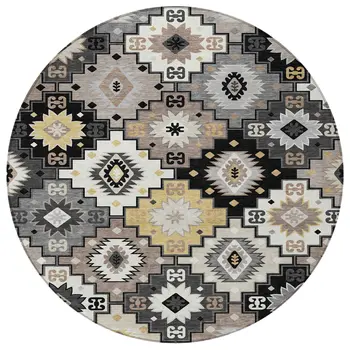 8' Black Wheat And Gray Round Southwestern Washable Indoor Outdoor Area Rug