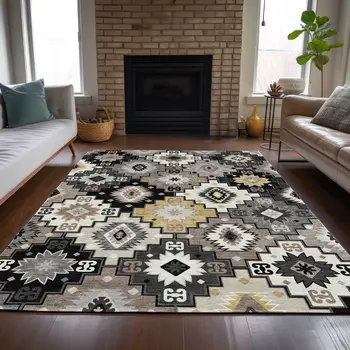 9' X 12' Black Wheat And Gray Southwestern Washable Indoor Outdoor Area Rug