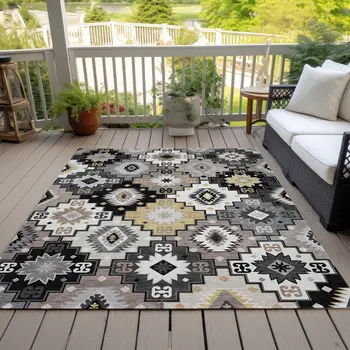 9' X 12' Black Wheat And Gray Southwestern Washable Indoor Outdoor Area Rug