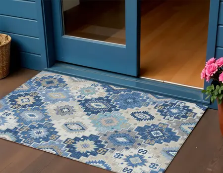 3' X 5' Blue Beige And Sky Blue Southwestern Washable Indoor Outdoor Area Rug