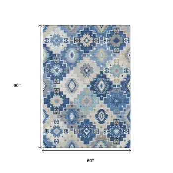 5' X 8' Blue Beige And Sky Blue Southwestern Washable Indoor Outdoor Area Rug
