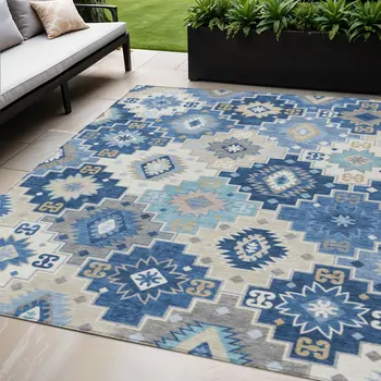 5' X 8' Blue Beige And Sky Blue Southwestern Washable Indoor Outdoor Area Rug