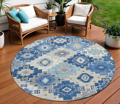 8' Blue Beige And Sky Blue Round Southwestern Washable Indoor Outdoor Area Rug
