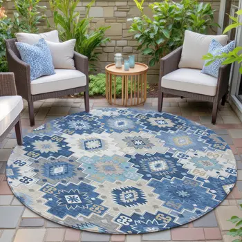 8' Blue Beige And Sky Blue Round Southwestern Washable Indoor Outdoor Area Rug