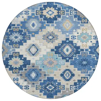 8' Blue Beige And Sky Blue Round Southwestern Washable Indoor Outdoor Area Rug