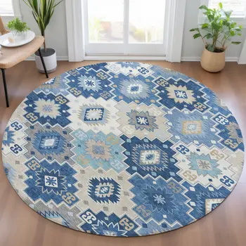 8' Blue Beige And Sky Blue Round Southwestern Washable Indoor Outdoor Area Rug