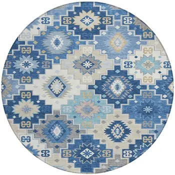 8' Blue Beige And Sky Blue Round Southwestern Washable Indoor Outdoor Area Rug