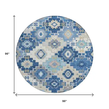 8' Blue Beige And Sky Blue Round Southwestern Washable Indoor Outdoor Area Rug