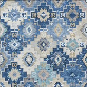 8' X 10' Blue Beige And Sky Blue Southwestern Washable Indoor Outdoor Area Rug