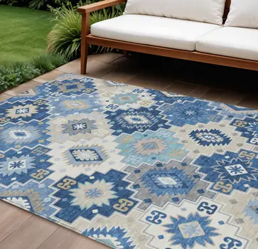 9' X 12' Blue Beige And Sky Blue Southwestern Washable Indoor Outdoor Area Rug