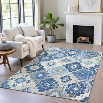 10' X 14' Blue Beige And Sky Blue Southwestern Washable Indoor Outdoor Area Rug
