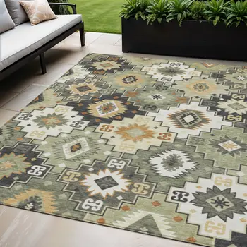 5' X 8' Fern Green Gold And Charcoal Southwestern Washable Indoor Outdoor Area Rug