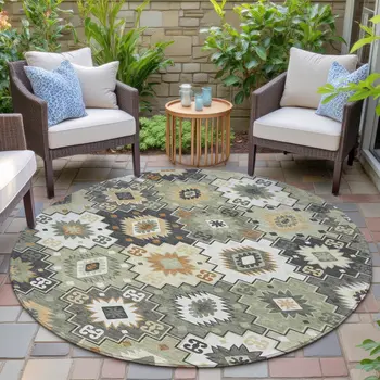 8' Fern Green Gold And Charcoal Round Southwestern Washable Indoor Outdoor Area Rug