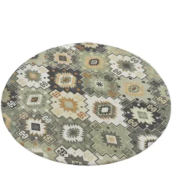 8' Fern Green Gold And Charcoal Round Southwestern Washable Indoor Outdoor Area Rug