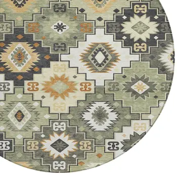 8' Fern Green Gold And Charcoal Round Southwestern Washable Indoor Outdoor Area Rug
