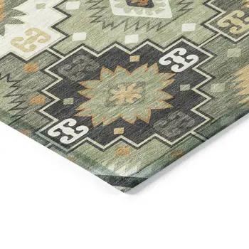 9' X 12' Fern Green Gold And Charcoal Southwestern Washable Indoor Outdoor Area Rug