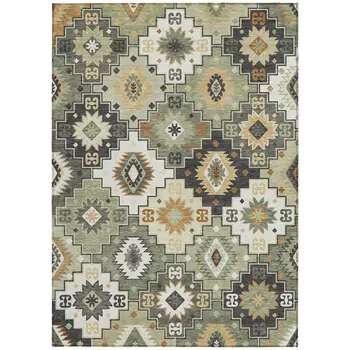 10' X 14' Fern Green Gold And Charcoal Southwestern Washable Indoor Outdoor Area Rug