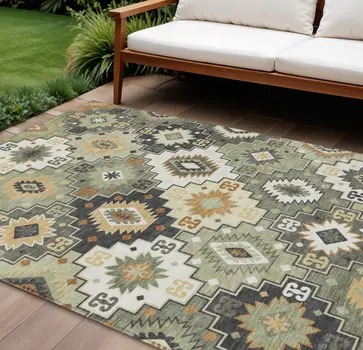 10' X 14' Fern Green Gold And Charcoal Southwestern Washable Indoor Outdoor Area Rug