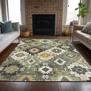 10' X 14' Fern Green Gold And Charcoal Southwestern Washable Indoor Outdoor Area Rug