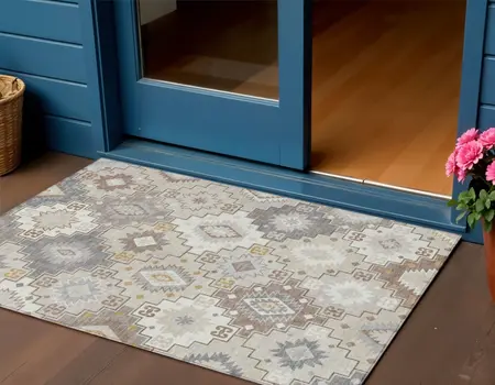 3' X 5' Ivory Gold And Gray Southwestern Washable Indoor Outdoor Area Rug