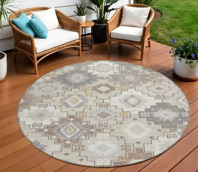 8' Ivory Gold And Gray Round Southwestern Washable Indoor Outdoor Area Rug