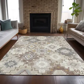 8' X 10' Ivory Gold And Gray Southwestern Washable Indoor Outdoor Area Rug