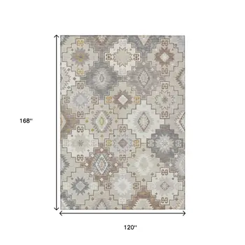 10' X 14' Ivory Gold And Gray Southwestern Washable Indoor Outdoor Area Rug